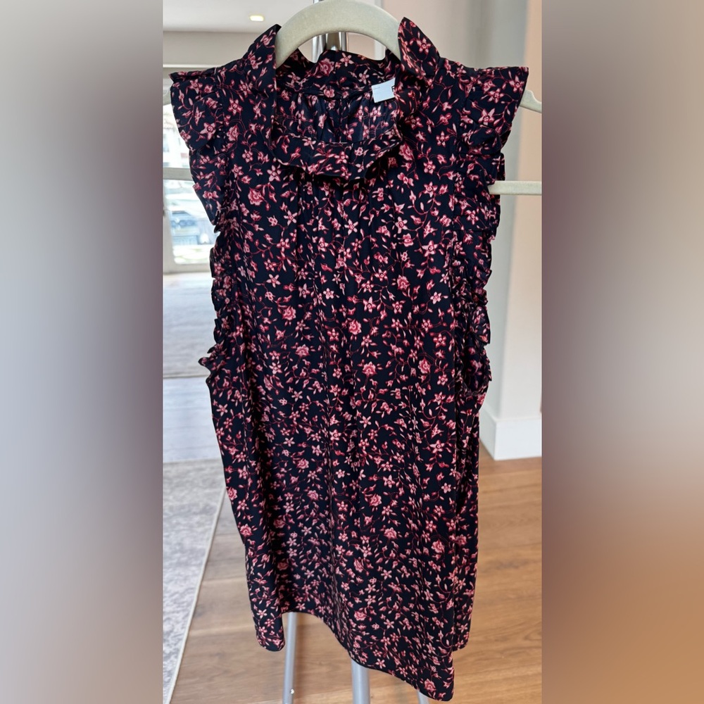Frame Denim Flounce Sleeveless Top - Navy and Pink, Size Small